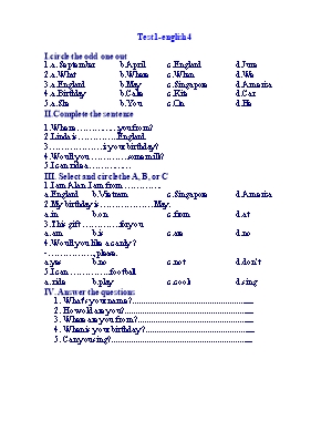 Đề kiểm tra 1 tiết môn Tiếng Anh 4 - Đề 2